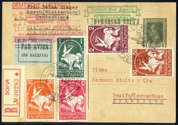 1933 2nd South America Flight Bulgarian Registered Acceptance Postcard To Pernambuco, Franked Twelve 'Dove' Airmails To  - Sonstige & Ohne Zuordnung