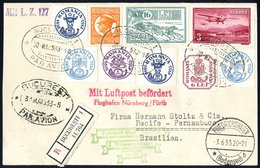 1933 2nd South America Flight Rumanian Acceptance Registered Envelope To Pernambuco With Multi Franking Cancelled Buchar - Andere & Zonder Classificatie