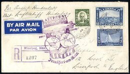 1936 9th North America Flight Canadian Registered Envelope To England, Franked 13c 'Britannia' + 50c, Cancelled Winnipeg - Otros & Sin Clasificación