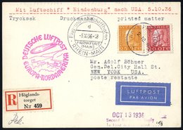 1936 10th North America Flight Swedish Acceptance Registered Envelope To New York, Franked 20ore & 50ore, Cancelled Hogl - Altri & Non Classificati