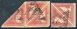 1855 1d Deep Rose-red Shade (SG.5b) U Block Of Three, The Single Stamp At The Left Has A Scissor Cut Just Into The Stamp - Autres & Non Classés