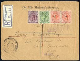 1918 (8th Apr) Reg OHMS Cover To USA Bearing KGV ½d, 1d Pair, 2d Tied Falkland Islands C.d.s's, Stanley Reg Label Plus R - Otros & Sin Clasificación