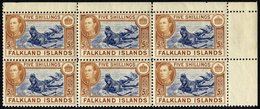 1938 5s Indigo & Pale Yellow-brown, Top Right Corner Marginal Block Of Six UM (gum Lightly Toned), SG.161b, Murray Payne - Other & Unclassified