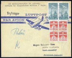 1946 Airmail Cover To Port Stanley From Denmark Bearing Pair 20ore Airs & 2ore Defin Block Of Four, C.d.s. Lufthaun Etc. - Autres & Non Classés