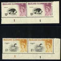 1960 10s & £1 Vals Each Corner Marginal Plate Number Pair. Basic Stamps Cat. £192. (4) - Other & Unclassified