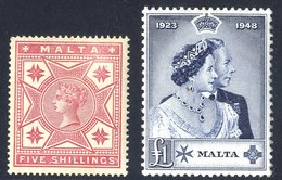 1886 5s Rose, M Example With Tiny Ink Dot At Upper Right, SG.30, 1948 Wedding £1 M. (2) - Autres & Non Classés