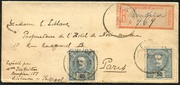 1903 Reg Envelope To France, Franked 50r Blue & 65r Deep Blue (Yv.132, 134), Tied Benfica Lisboa D/stamp With Reg Label  - Autres & Non Classés