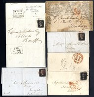 1840-41 1d Black Covers (4) Each With Stamp Cut Into, Letterings CE, HF, OI & PA, Also One Penny Mulready Letter Sheet U - Autres & Non Classés