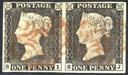 Plate 1a (worn Plate) SI-SJ Horizontal Pair, Good To Large Margins, Cancelled Red MC's. - Autres & Non Classés