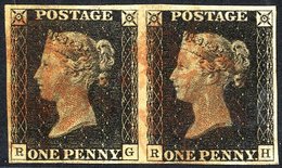 Plate 1b RG-RH Horizontal Pair, Good Margins All Round, Cancelled In Red, RG Tiny Corner Crease. - Autres & Non Classés