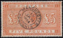 1867-83 £5 Orange DI, Superb U Example With A Centrally Struck Manchester Accounts Double Ring C.d.s. For Jan 15th 1894, - Other & Unclassified