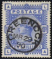 1883 10s Ultramarine LA, VFU With Greenock C.d.s. For March 29th 1890, Upright Strike, SG.183. - Other & Unclassified