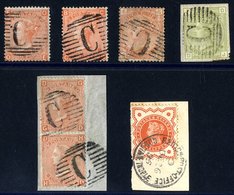 BRITISH LEVANT - Constantinople 1865-73 4d Vermilion Pl.14 Pair + Singles (2) Each Barred Oval 'C' Cancel (SG.Z92) Also  - Other & Unclassified