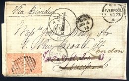 EGYPT 1873 Cover Front To Liverpool Via Brindisi, Re-addressed To London, Franked 4d Vermilion Pl.12 (SG.94) Two Example - Other & Unclassified