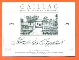 étiquette Vin De Gaillac Manoir Des Augustines 1991 Boyals à Lisle Sur Tarn - 75 Cl - Gaillac