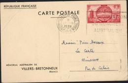 Entier CP Mémorial Australien Villers Bretonneux Rouge Storch P2 CAD Villers B France Australian Memorial 22 VII 38 - Standard Postcards & Stamped On Demand (before 1995)