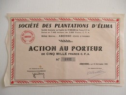 ACTION 5000 FRANCS CFA TITRE AU PORTEUR SOCIETE DES PLANTATIONS DE CAFE D ELIMA ABOISSO COTE D IVOIRE AFRIQUE - Afrique