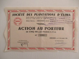 ACTION 5000 FRANCS CFA TITRE AU PORTEUR SOCIETE DES PLANTATIONS DE CAFE D ELIMA ABOISSO COTE D IVOIRE AFRIQUE - Afrika