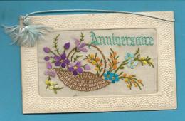 CPA Double Brodée Sur Soie Fleurs écrite Anniversaire - Embroidered