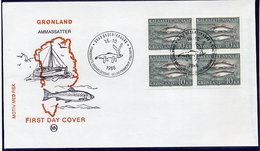 GREENLAND 1986 Fish Definitive 10 Kr. In Block Of 4 On FDC. Michel 168 - FDC