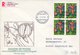 1979 , FINLANDIA , HELSINKI - HANAU , YV. 801 BL / 4 , CAMPEONATOS DEL MUNDO DE ORIENTACIÓN - Covers & Documents