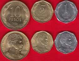 Chile Set Of 3 Coins: 1 - 10 Pesos 1992-1998 UNC - Chili