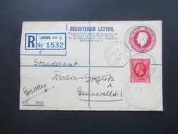 GB 1936 Registered Letter Mit Zusatzfrankatur Nach Berlin Steglitz Standesamt. Stempel Westminster Bridge - Covers & Documents