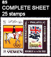 CV:€250.00 BULK:5 X YEMEN KINGDOM 1967 Olympics London 1948 Horse Efimex Flag Stamps On Stamps 28B COMPLETE SHEET:25 - Summer 1948: London