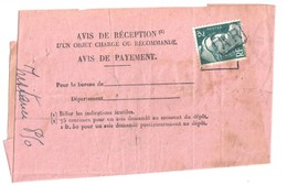 PARIS Avis Réception Formule Télégramme 514 Ob 22 9 1945 2 F Gandon Vert Yv 713 Ob AR - Covers & Documents