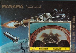 Manama 1972 Bf. 215A First Man On The Moon Rocket Sheet Perf. CTO Mostra Separazione - Astronomùia
