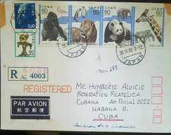 O) 1982 JAPAN- WILD ANIMALS -LION -ORANGUTAN -GIRAFFE -BEAR -ORANGUTAN - GIRAFFE - BEAR., REGISTERED AIRMAIL - Covers & Documents