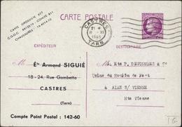 Entier Ceres Mazelin 1.5 Lilas Rose Repiquée Armand Siguié Castres Tarn 8 XI 1945 - Overprinter Postcards (before 1995)