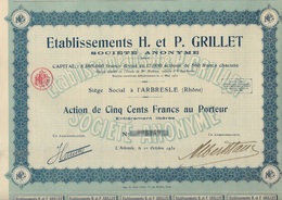 LOT DE 4 ACTIONS DE 500 FRS -ETABLISSEMENT H . ET P.GRILLET (PEPINIERES) L'ARBRESLE -RHONE -1930 - Agriculture