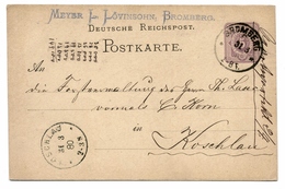 Ganzsache Deutsche Reichspost, Bromberg 1880 - Nach Koschlau / Ostpreussen - Cartes Postales