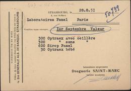 Entier Marianne Gandon 12F Bleu Storch K2 CAD Strasbourg Finkwiller 28 8 51 Repiquage Droguerie St Marc Cote 30 Euros - Overprinter Postcards (before 1995)