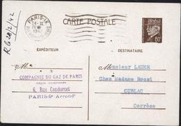 Entier CP 80c Petain Repiquage Compagnie Du Gaz De Paris CAD Paris IX R Hippolyte Lebas 24 II 1942 Flamme Storch A1d - Overprinter Postcards (before 1995)