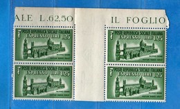 ITALIA**- 1944 -RSI. PONTI - INTERSPAZI - ESPRESSO, Lira 1,25. Sass. 23. Quartina. MNH.  Vedi Descrizione - Posta Espresso