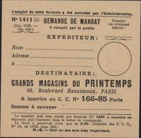 Formulaire PTT 1411 Demande De Mandat Neuf Grands Magasins Printemps Bd Haussmann Paris CC N°16685 Paris - Telegraph And Telephone