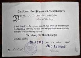 Verleihungsurkunde -Ehrenkreuz Für Frontkämpfer - Germany