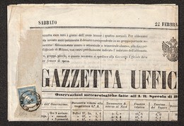 ANTICHI STATI - LOMBARDO VENETO - Per Giornali - 3 Cent Mercurio (6 - Carta A Coste Verticali) - Intero Giornale Gazzett - Sonstige & Ohne Zuordnung