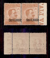 COLONIE - CASTELROSSO - 1922 - 20 Cent (4dab) Coppia Orizzontale Bordo Foglio Con Soprastampa Spostata A Destra E Obliqu - Andere & Zonder Classificatie