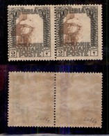COLONIE - LIBIA - 1921 - 2 Cent (22g) - Coppia Orizzontale Con Centro Spostato - Gomma Originale - Cert. Colla (500) - Sonstige & Ohne Zuordnung
