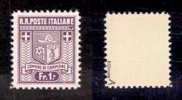 EMISSIONI LOCALI - CLN - CAMPIONE  - 1944 - 1 Franco (5a) - Prima Tiratura - Greca Rotta Sopra Lo Stemma In Alto A Destr - Other & Unclassified