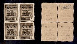 EMISSIONI LOCALI - CLN - VALLE BORMIDA - 1945 - Soprastampa Modificata - 5 Cent (1A) In Quartina - Gomma Integra - Cert. - Autres & Non Classés