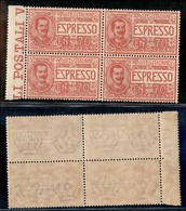 REGNO D'ITALIA - ESPRESSI - 1925 - 70 Cent Espresso (11) - Quartina Bordo Di Foglio - Gomma Integra - Ottimamente Centra - Sonstige & Ohne Zuordnung