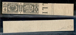 REGNO D'ITALIA - PACCHI POSTALI - 1927 - Prove Di Macchina - 4 Lire Pacchi Postali (33) - Bordo Di Foglio - Sempre Senza - Other & Unclassified