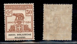 REGNO D'ITALIA - PARASTATALI - 1924 - 30 Cent Biblioteche Bologna (3) - Gomma Originale - Ottima Centratura (100) - Andere & Zonder Classificatie