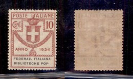 REGNO D'ITALIA - PARASTATALI - 1924 - 10 Cent Federaz. Italiana Biblioteche Pop. (34b) - Senza Punto Dopo Pop - Gomma Or - Andere & Zonder Classificatie