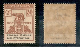 REGNO D'ITALIA - PARASTATALI - 1924 - 30 Cent Federaz. Italiana Biblioteche Pop. (35) - Gomma Originale - Invisibile Tra - Other & Unclassified