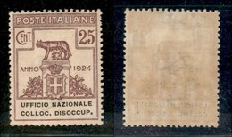 REGNO D'ITALIA - PARASTATALI - 1924 - 25 Cent Ufficio Nazionale Colloc. Disoccup. (64) - Gomma Originale - Ottimamente C - Sonstige & Ohne Zuordnung